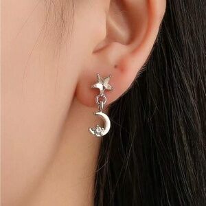 Silver Moon Star Charm Stud Earrings